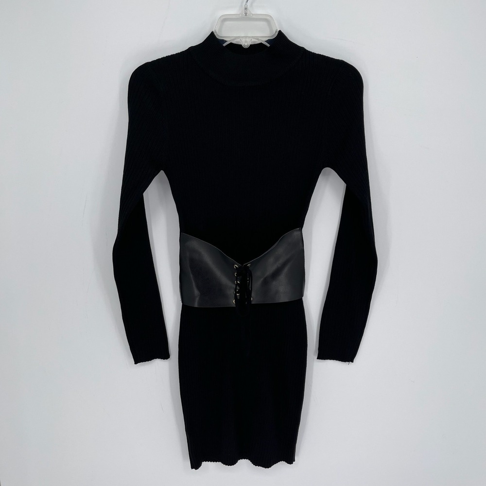 Say What NWT Women's Black Ribbed Corset Waist Long‎ Sleeve Bodycon Dress Size S